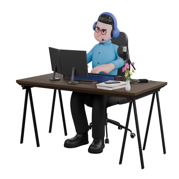 A male radio announcer sits with a headset in his ears with a laptop on the table