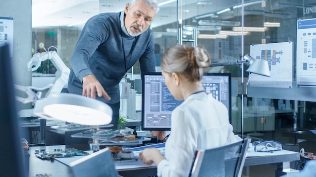 a man and woman in an office with a computer screen showing a computer screen that says'the word data '