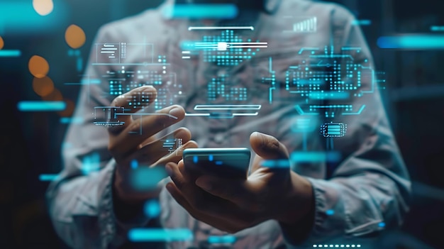 a man holding a smart phone with the words technology on the screen