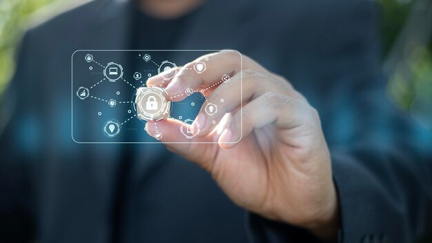 A man is holding a screen with a blue circle and a red circle