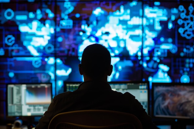 a man is seated at a desk focused on multiple computer monitors displaying information a cyber intelligence analyst monitoring online threats