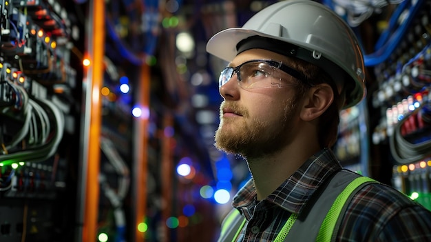 a man is working on a computer with many wires and a light that is on