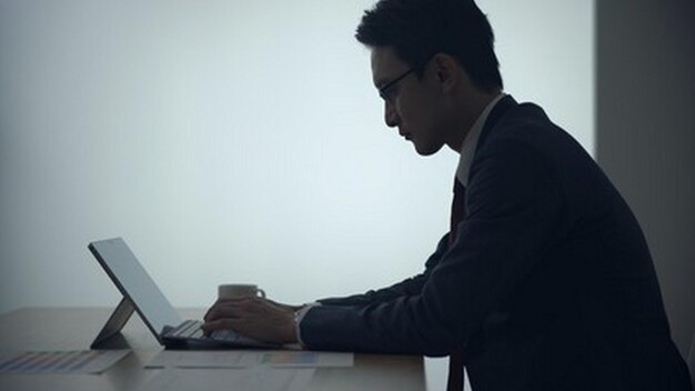 a man is working on a laptop with a cup of coffee