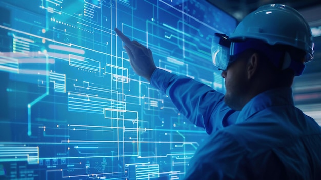 a man pointing at a screen with a blue background that says quot s quot on it