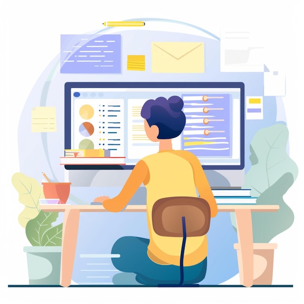 a man sits at a desk with a computer and a picture of a person working on it