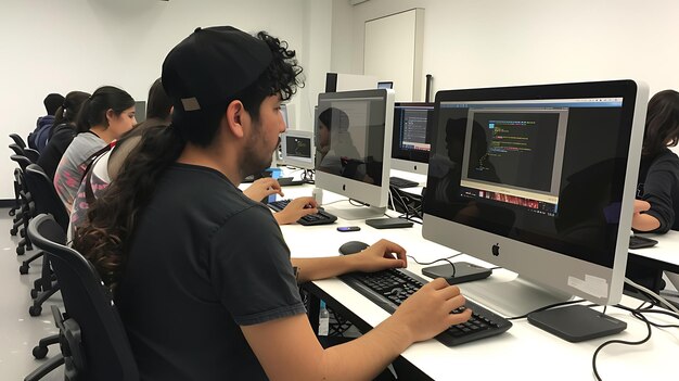 a man with a long ponytail sits at a computer with a computer on the left