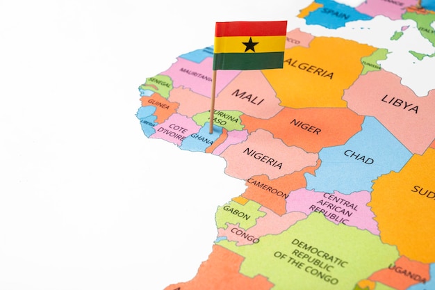 A map of Ghana with the national flag of Ghana on it