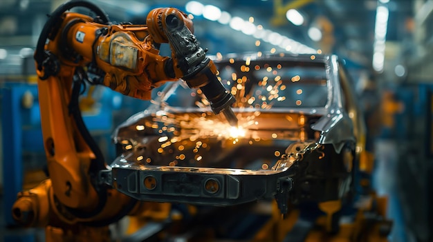 A mechanical arm welds a car frame in a factory
