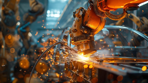 A mechanical arm welds a car frame in a factory