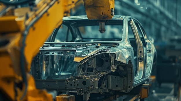 A mechanical arm welds a car frame in a factory