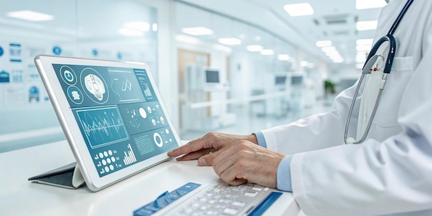 A medical professionals hand using a contemporary computer interface as a medical idea
