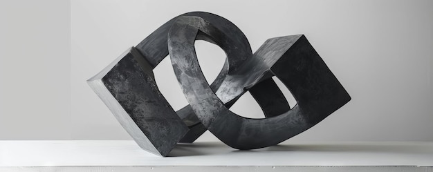 A minimalist sculpture of intertwined rings and cubes in monochrome creating a sense of balance