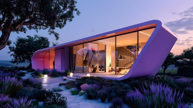 A modern ecovilla design with floor plans set against a soft pastel lavender backdrop