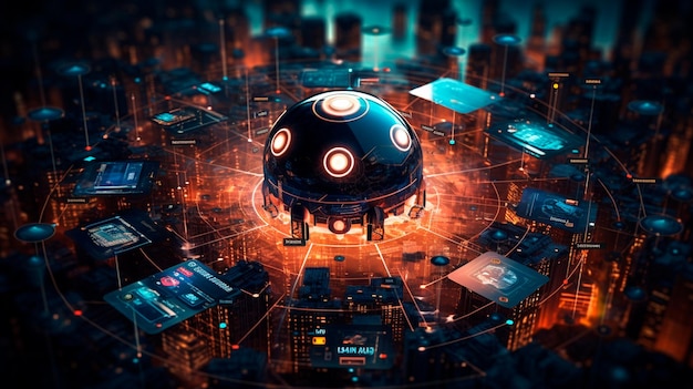 A modern highly advanced artificial intelligence system embedded in a network of interconnected devices and sensors analyzing and predicting data Generative AI illustrator