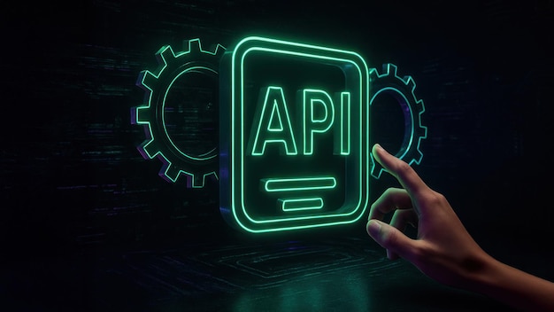 A neon api floats surrounded by gears and digital data symbolizes application programming interface with futuristic api programming interaction