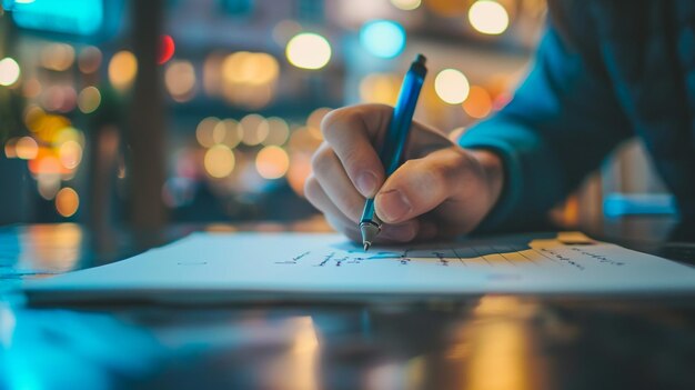 a person is writing on a piece of paper with a pen in it
