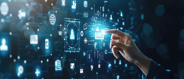 a person touching virtual screen with different icons education concept