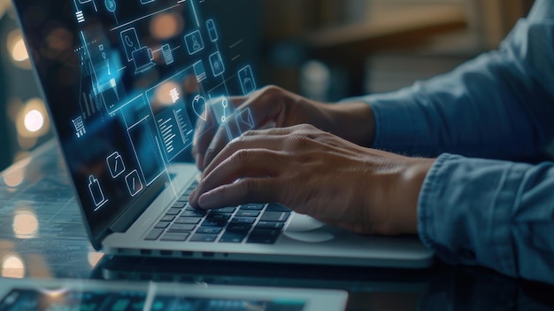 a person typing on a laptop with a screen showing the icons of the website