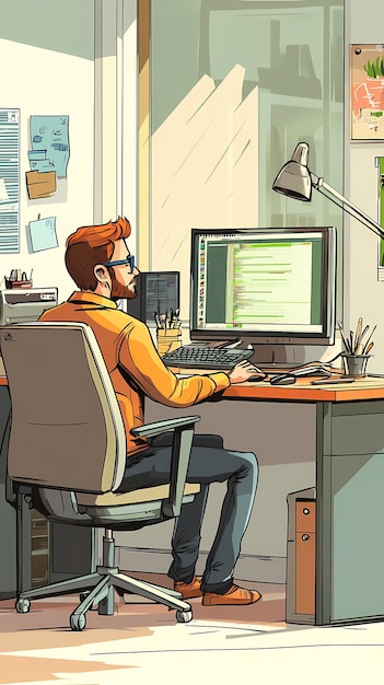 A person working at a desk with a computer engaged in programming or coding tasks