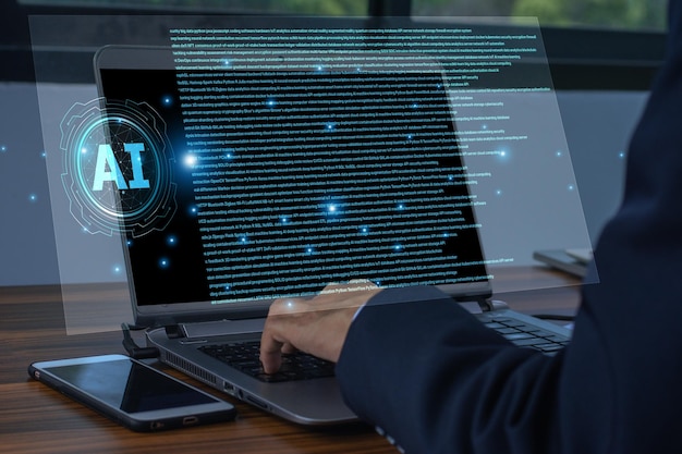 A professional programmers hands using AI artificial intelligence in a laptop with a coding interface
