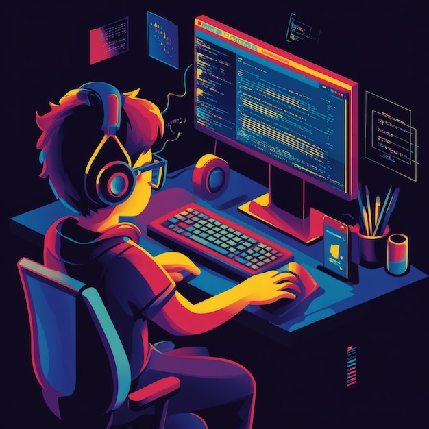 A programmer sits in front of a computer with a colorful keyboard mouse and headphones on typing code on the screen