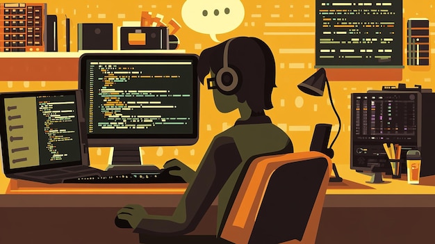 A programmer working late at night in a colorful office filled with computer screens and coding data in a bustling tech environment