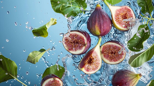 A realistic fresh Fig fruit with leaves water splash