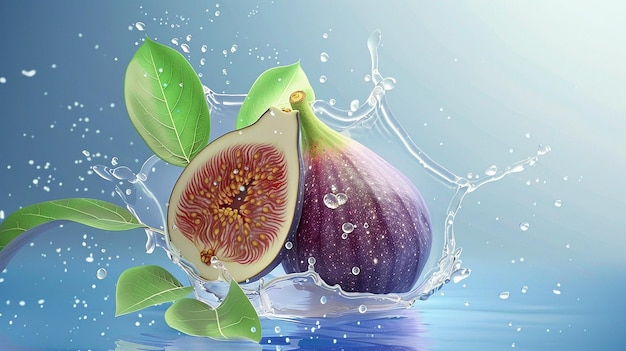 A realistic fresh Fig fruit with leaves water splash
