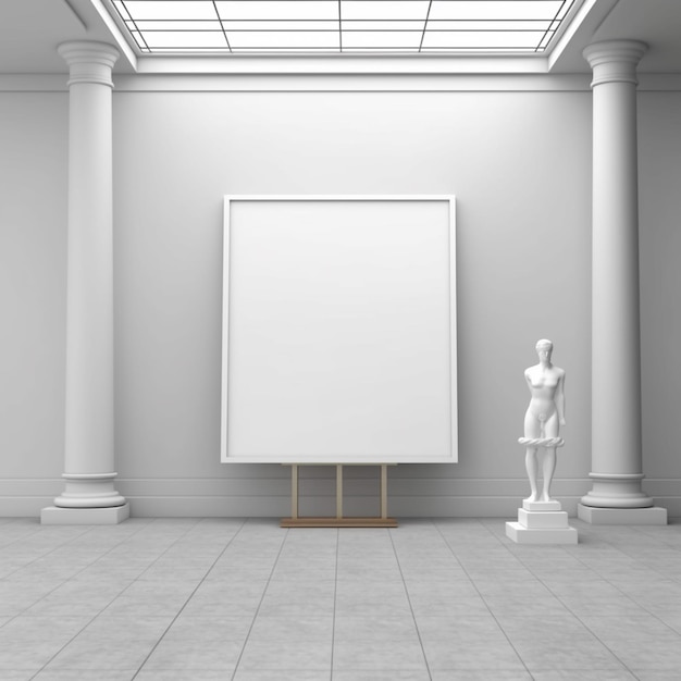 A rendering of a blank picture frame in a museum with a statue generative ai