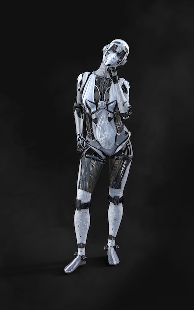 A robot with a black background and a woman in a white suit.