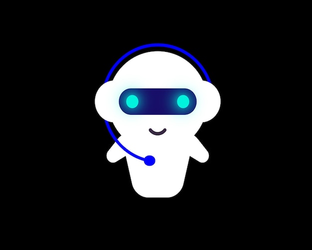 A robot with a microphone on his head is on a black background.