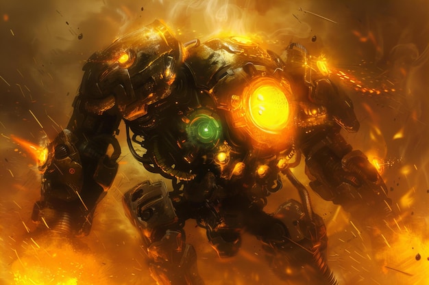 a robot with a red background and a yellow star on the left