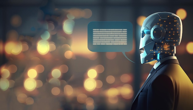A robot with a speech bubble that says'the future of technology '