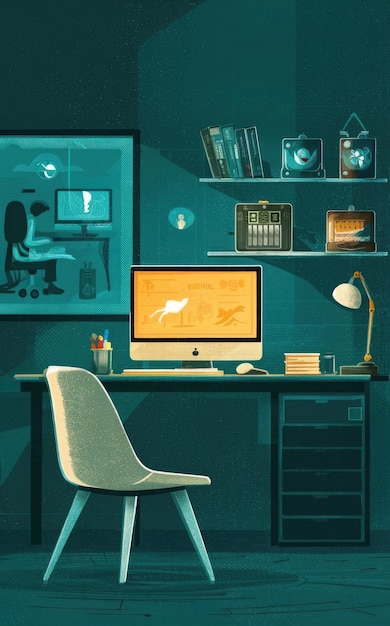 a room with a desk computer and a chair computer