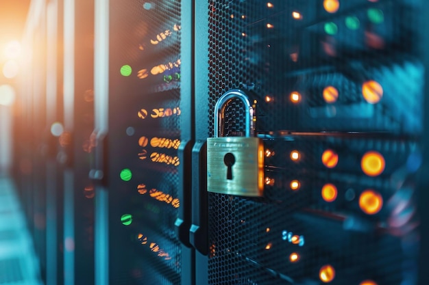 A secure network server with a padlock in front representing data protection and cybersecurity concepts The background features illuminated server lights