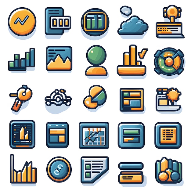 a set of data icons featuring elements like database symbols data charts and analytics graphs includes visuals of data visualization information processing and statistical representations for