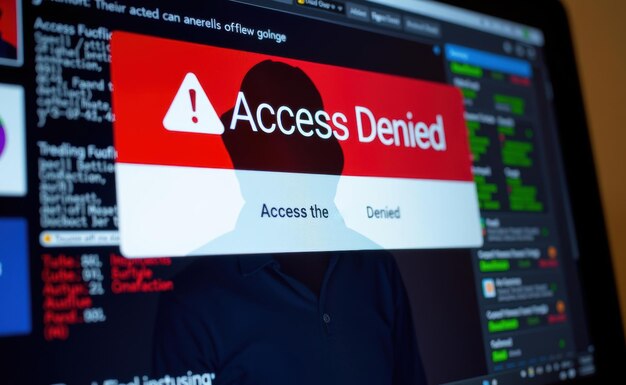 A shadow hacker in front of a computer screen displaying Access Denied in red text representing cybersecurity threats and hacking