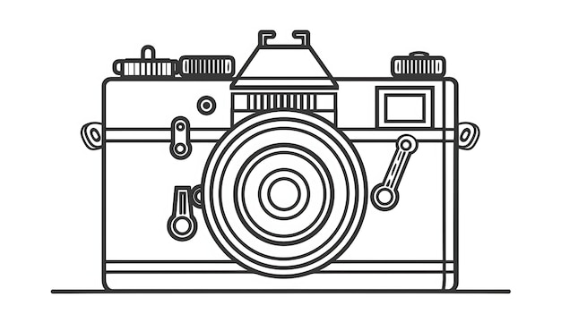 a simple line drawing of a vintage camera the camera has a large lens and a viewfinder on the top it is black and white and has a retro feel