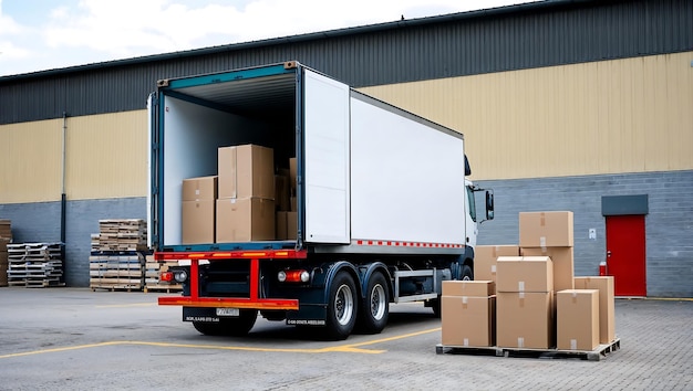 A sleek white truck parked outside a modern warehouse with workers unloading organized cardboard box