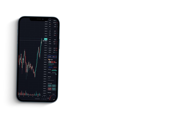 A smartphone with financial stock market graph. Stock Exchange. White Background.