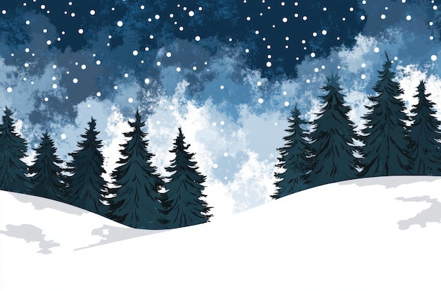 a snow covered landscape with a forest and a snow covered hill