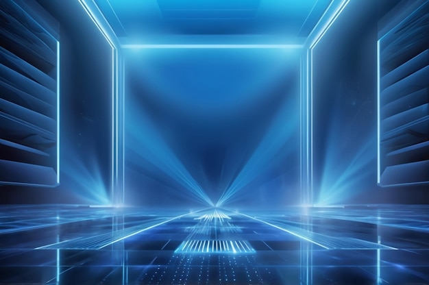 a stage with a blue background and a screen with a blue background