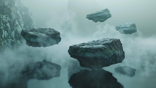 A surreal landscape with floating rocks in a foggy sky