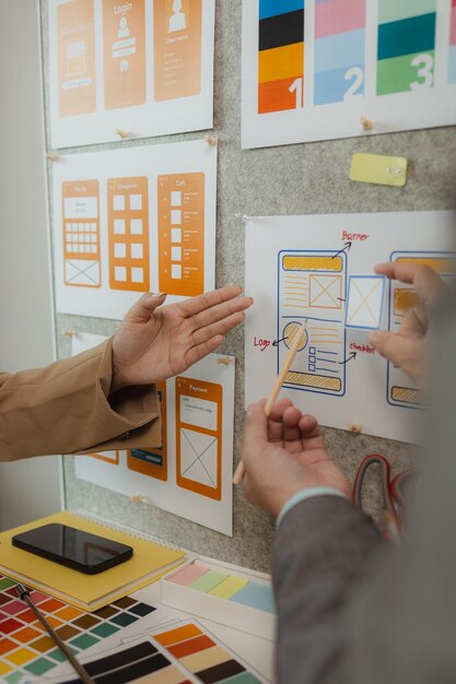 A team of web developers discusses how to best organize a website layout They share ideas on how to best optimize a digital product ux ui team is working together in the office