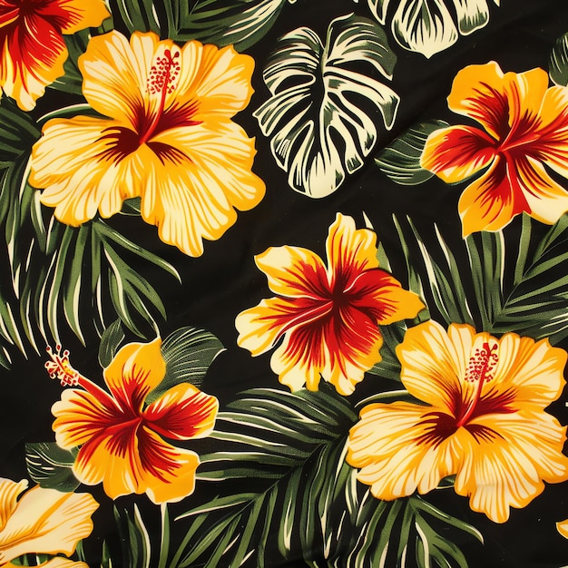 a tropical flower pattern with hibiscus flowers on a black background