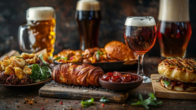 A variety of delicious foods and craft beers arranged on a rustic table perfect for a casual dining experience