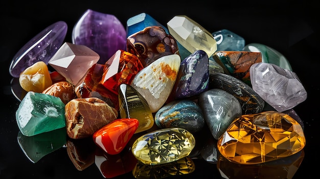 A variety of polished gemstones and crystals in various shapes and colors