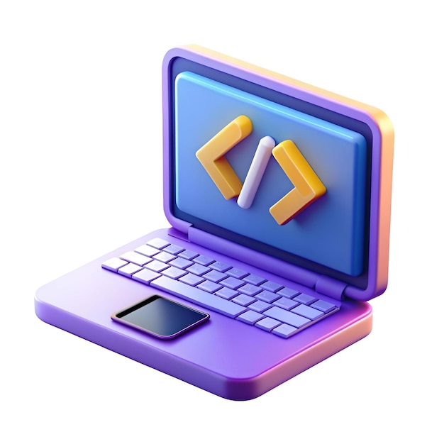 A vibrant 3D illustration of a laptop displaying the iconic code bracket symbol perfect for representing programming coding web development and tech concepts