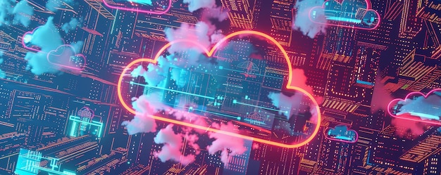 a vibrant representation of cloud computing technology with digital elements and a neon cloud shape