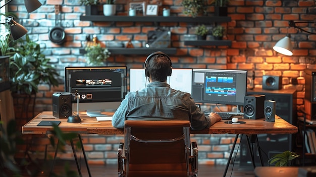 A video editor man in front of screen